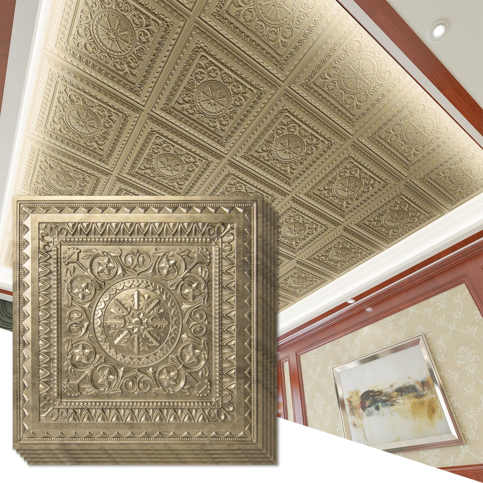 Art3d 2×2 ft. Drop Ceiling Tiles, Glue up Ceiling Tiles in Antique Gold
