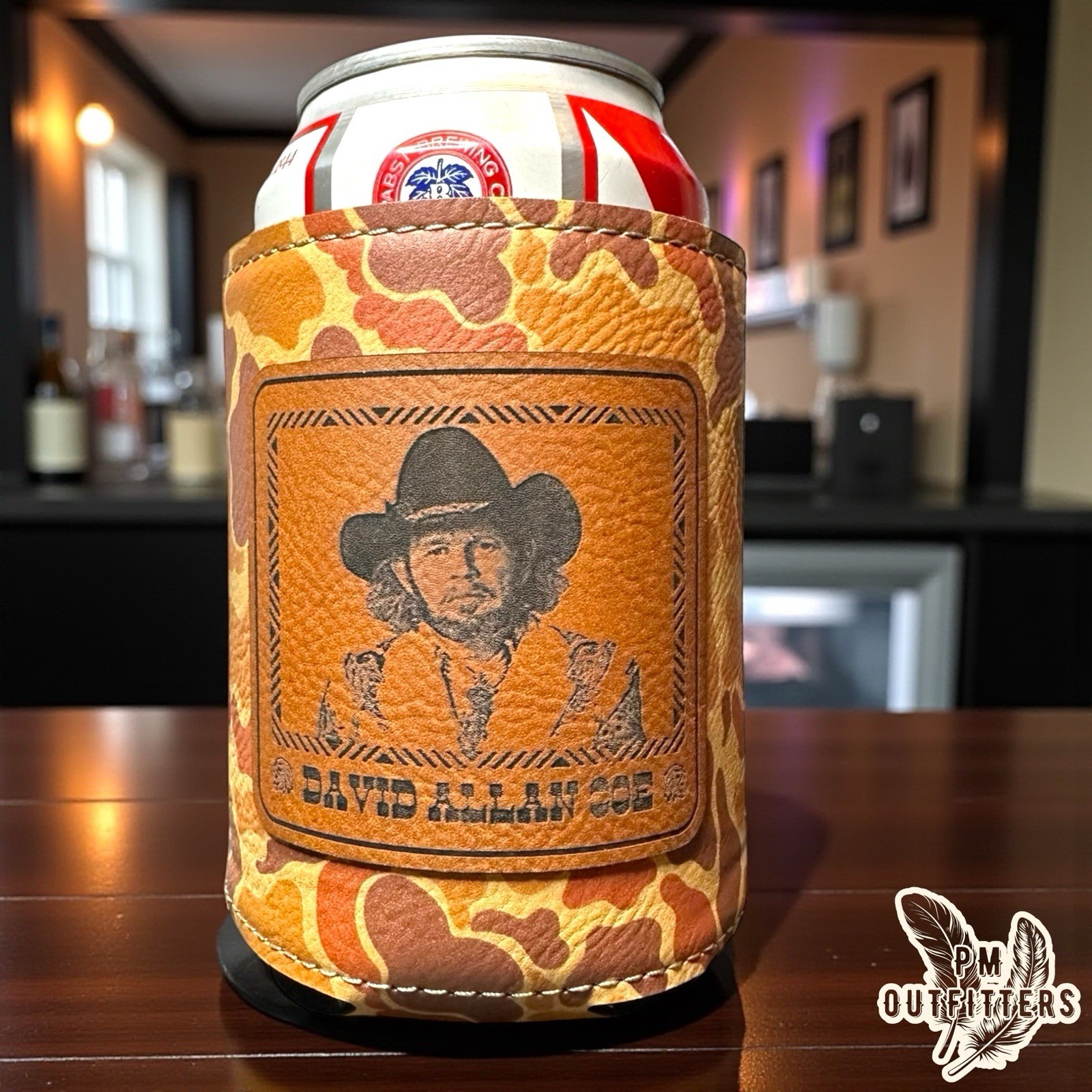 Custom Laser Engraved David Allan Coe Premium Camouflage Leatherette Can Koozie