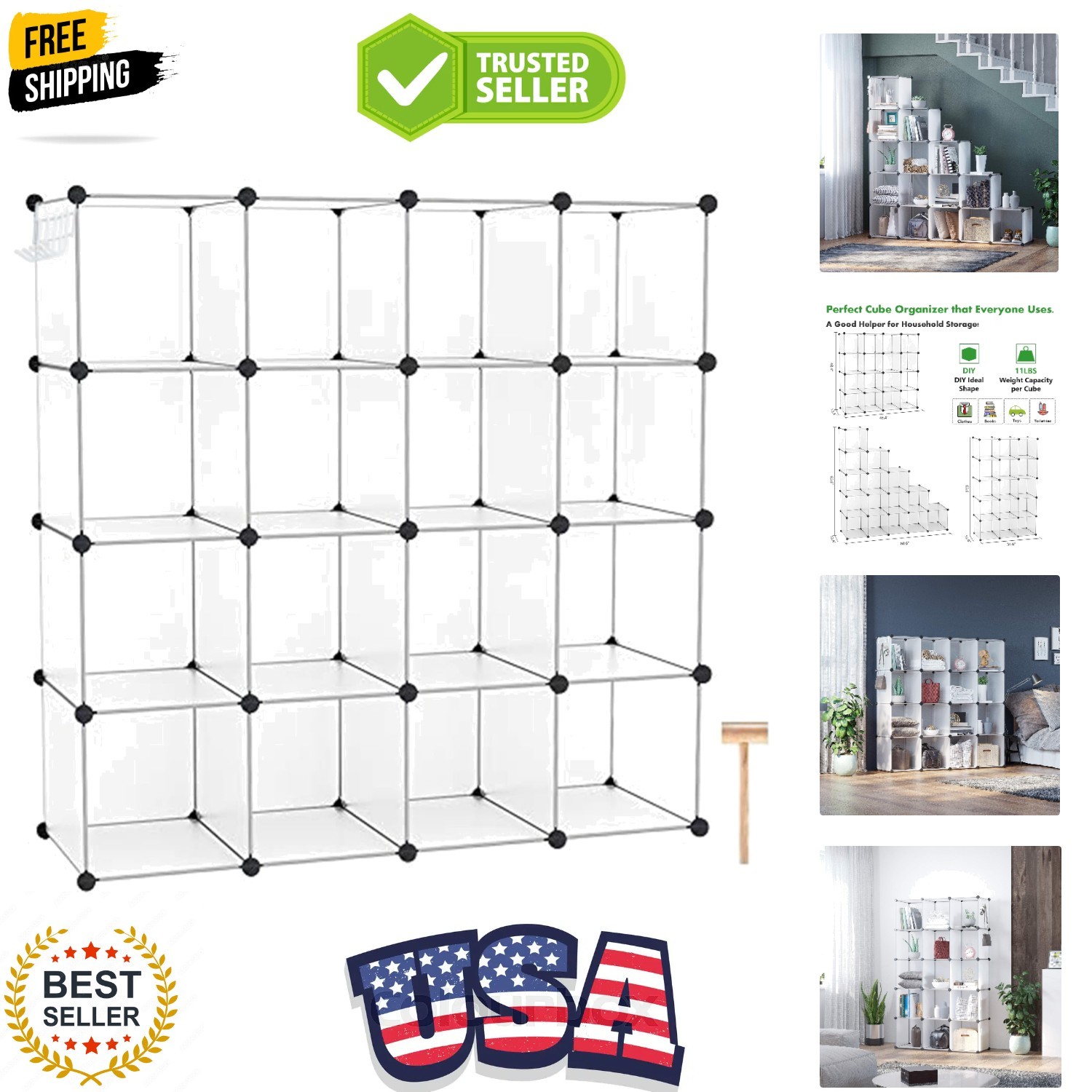 16 Cube Storage Organizer Cube Shelves Units Storage Cubes, White | Plastic D…