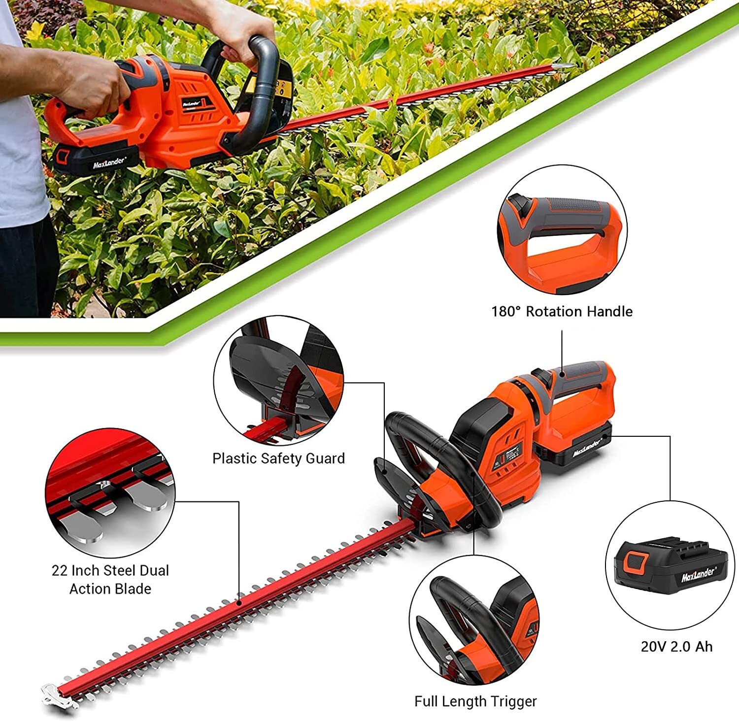 MAXLANDER Cordless Hedge Trimmer with 22” Dual-Action Blade 20V 2.0Ah Battery