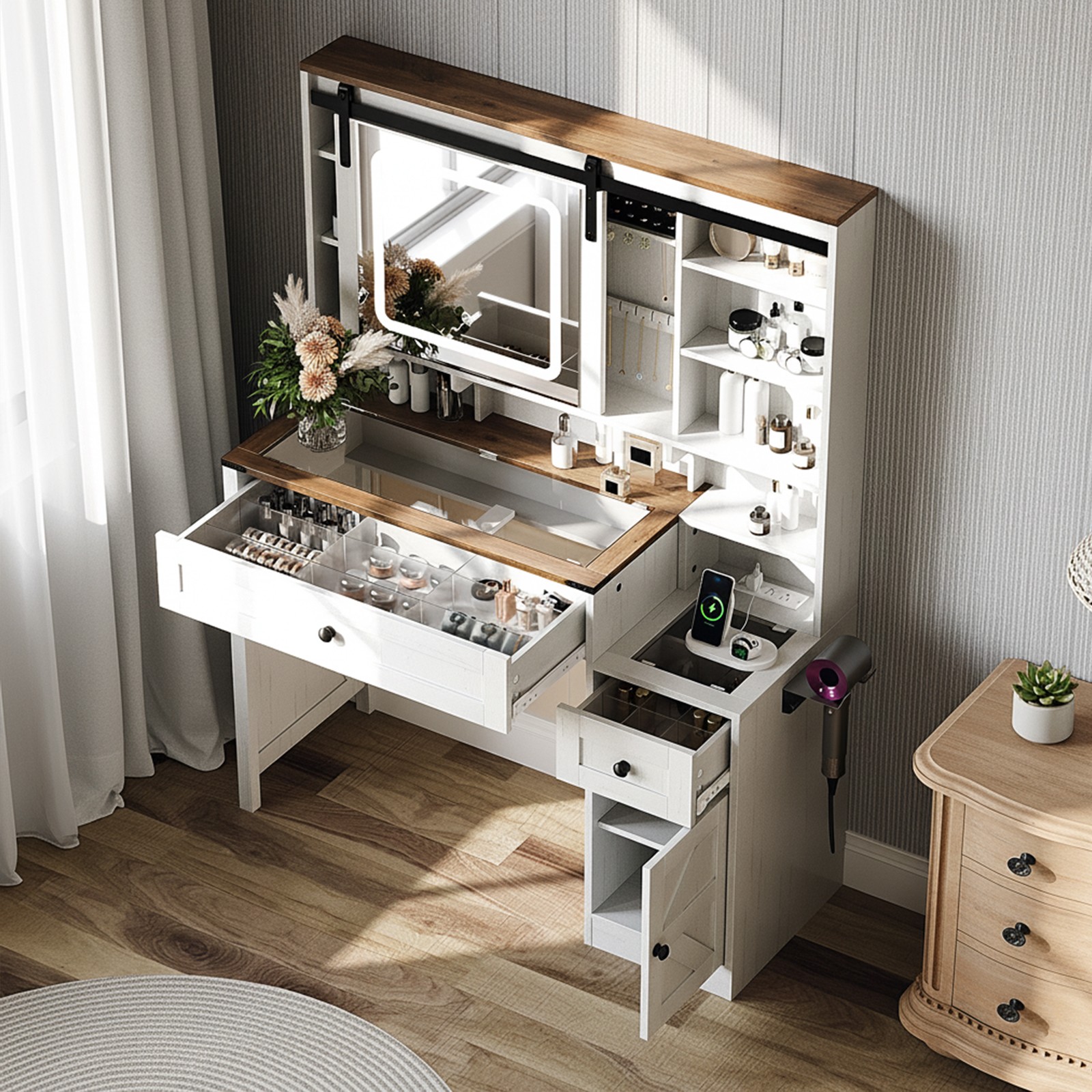 Makeup Vanity Set with LED Lighted Mirror, Sliding Barn Door Jewelry Organizer
