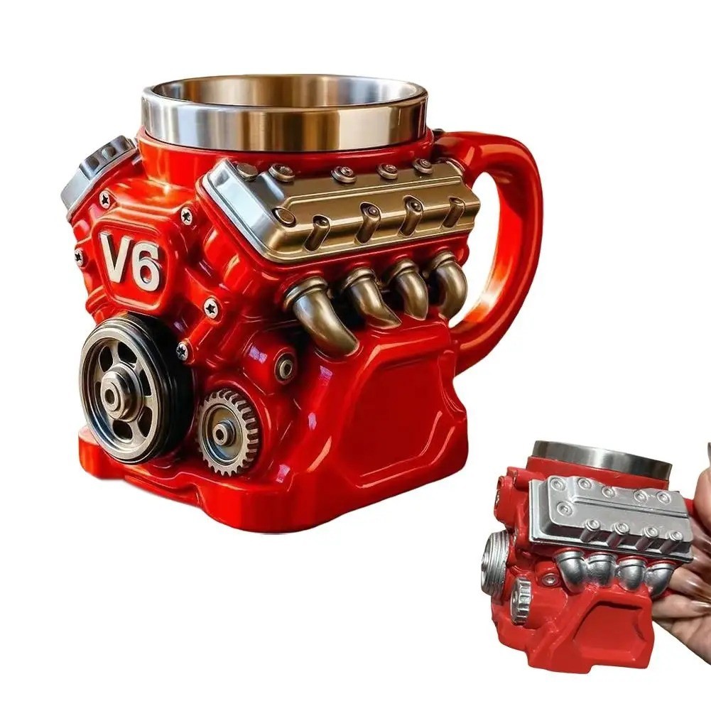 Retro V8 Engine Coffee Mug Ceramic Cup Stainless Steel Interior Gift Automotive