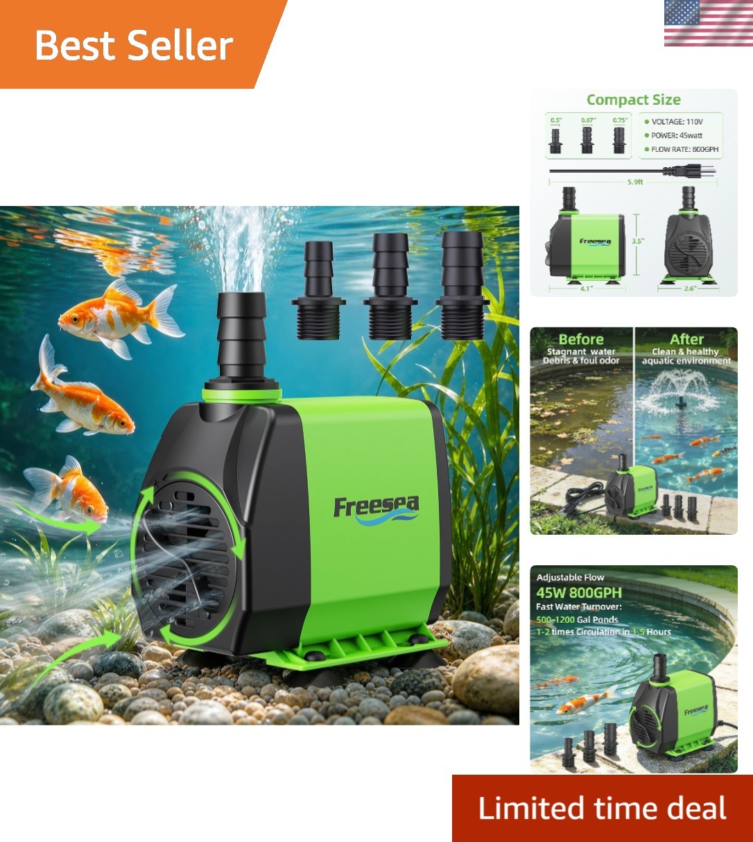 800GPH Small Pond Pump: Circulate 500-1200 Gallon Pond in 1-2 Hours | 24/7 Re…