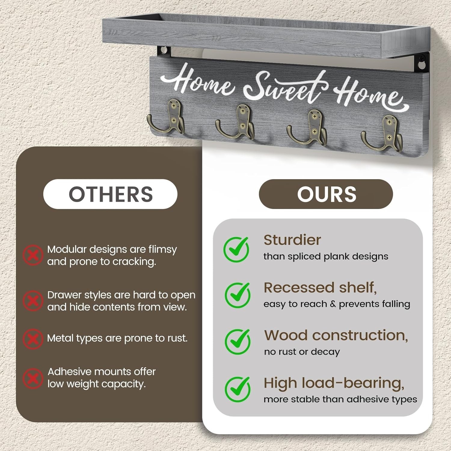 Key Holder Wall Mount with 4 Double Hooks-Solid Wood Wall-Mounted Organizer for