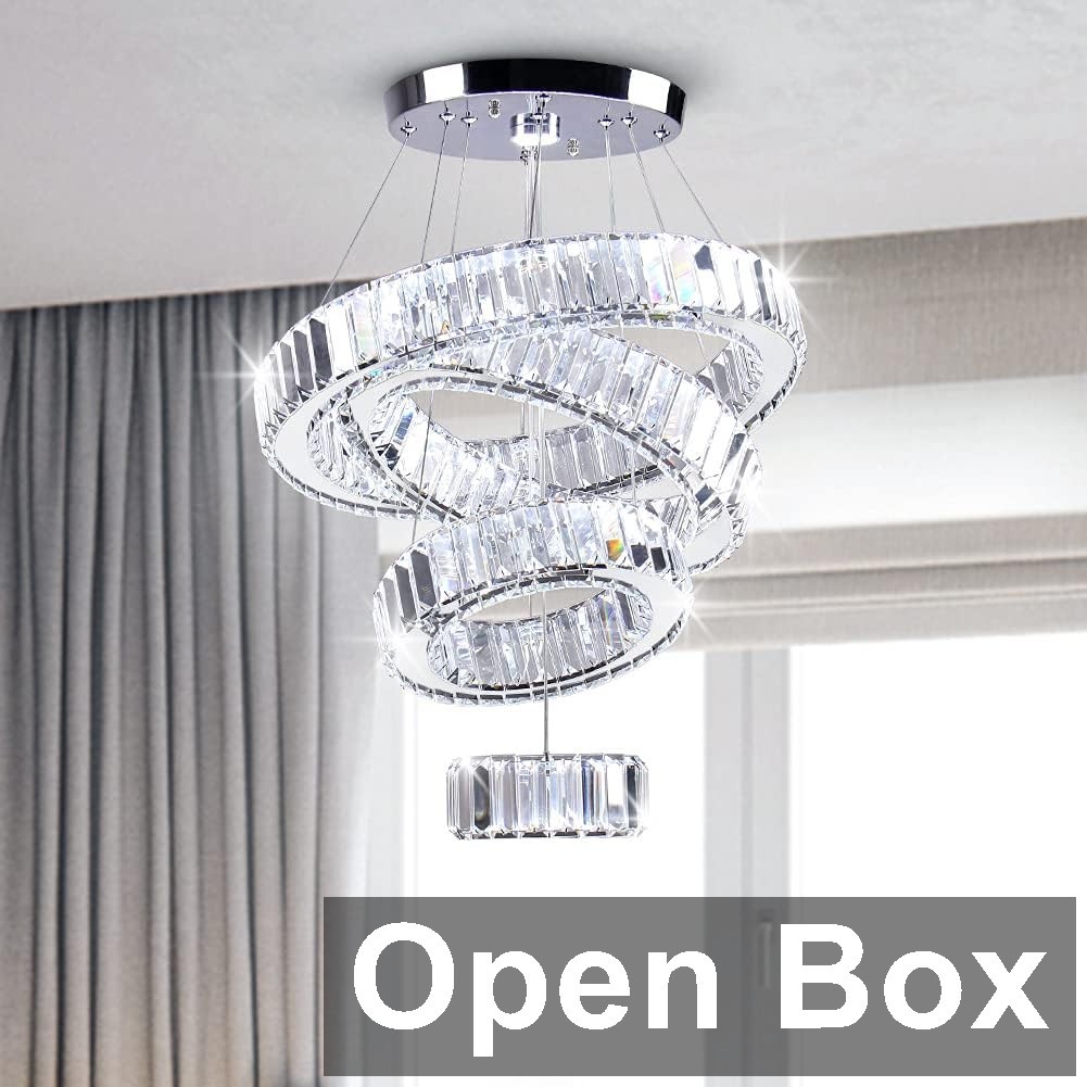 LED Crystal Chandelier 4 Rings Adjustable Stainless Pendant Lighting open box