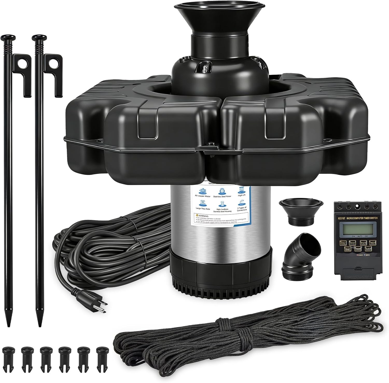 1HP 15000GPH Pond Fountain Aerator 750W Floating Pump w/ RGB LIGHT (Optional)