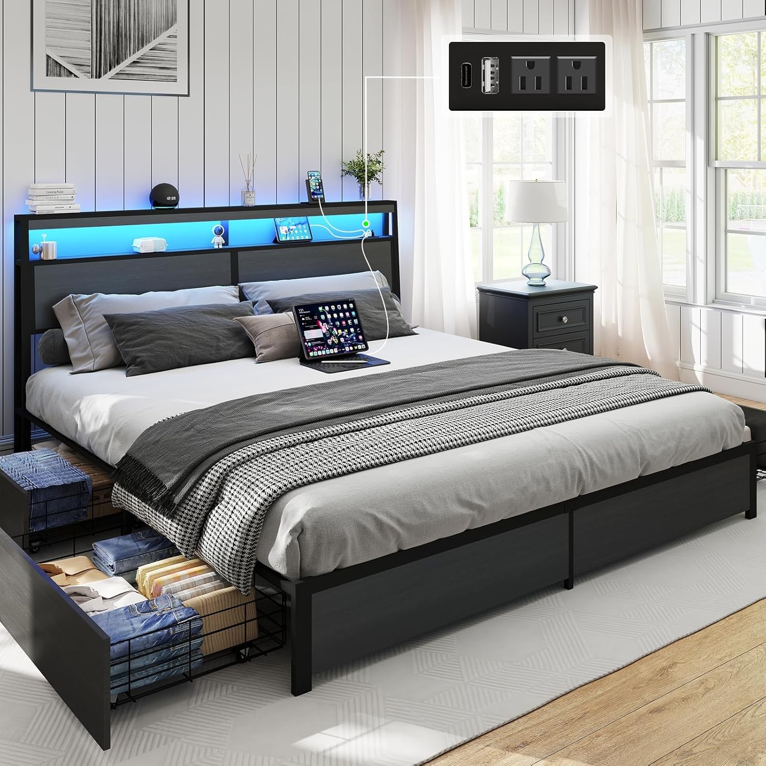 Queen Size LED Bed Frame with Storage Headboard and 4 Drawers Charging Station