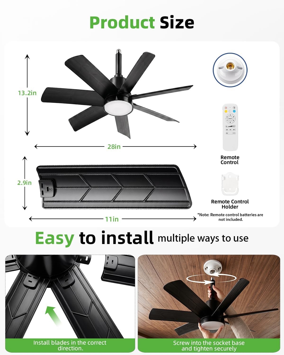 28 Inch Socket Fan Light with Remote Control, Screw in E26/E27 Ceiling Fan wi…