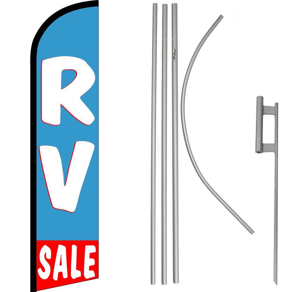 RV Sale Blue / White / Red Windless Banner Flag & 16′ Flagpole Kit /Ground