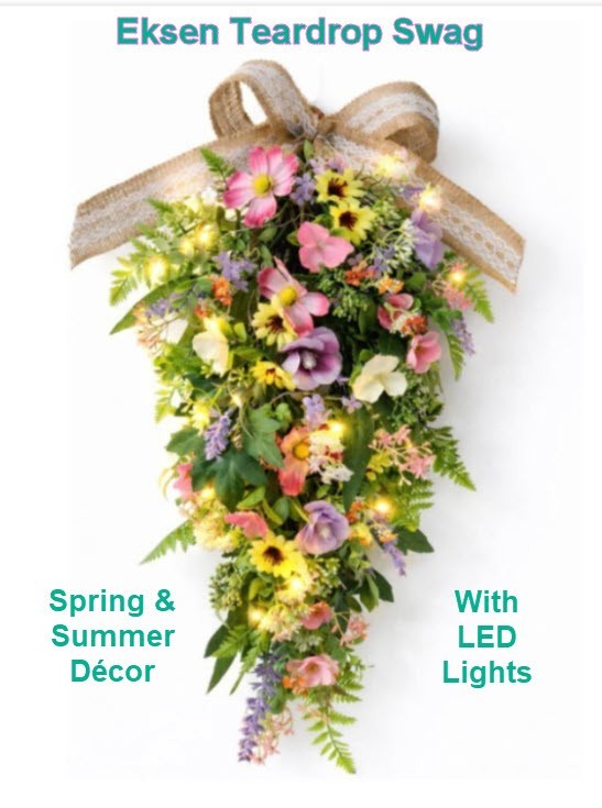 Spring Summer Teardrop Swag for Front Door-Porch-Wall with LED Lights Artificial