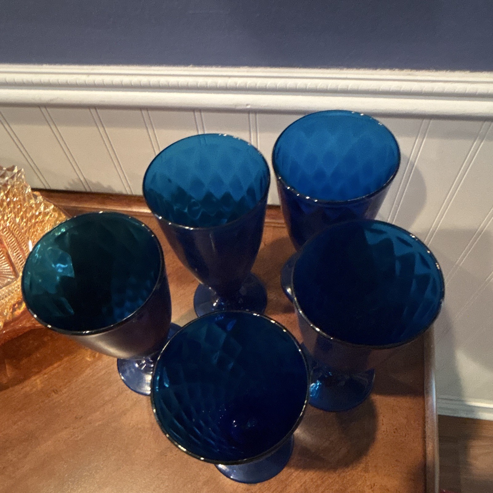 Blue Diamond Pattern Footed Tapered Goblet Glasses, Set of 5 ( 10 oz)