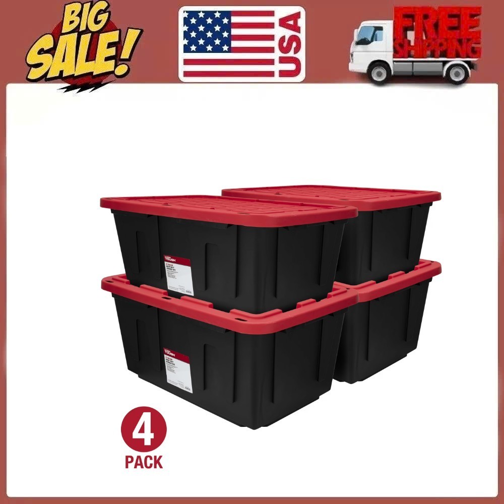 4-Pack Hyper Tough 27Gal Heavy Duty Plastic Storage Bin Black Red Snap Lid