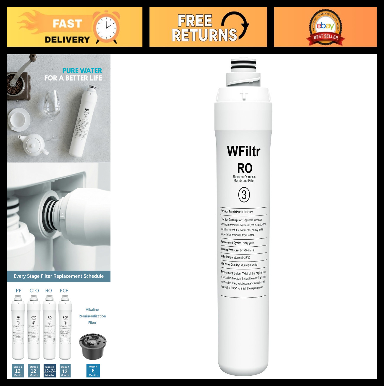RO Water Filter Compatible with Bluevua RO100, UV Purification System, High Flow