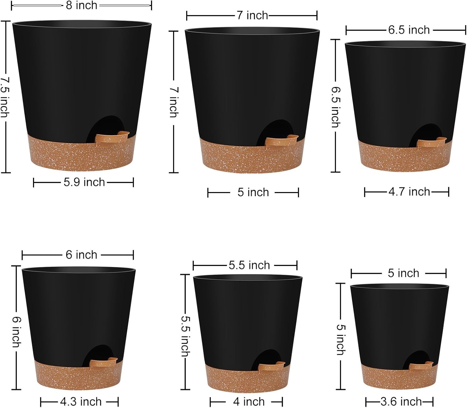Indoor Self Watering Planters with Drainage Holes and Saucers, 8, 7, 6.5, 6, …