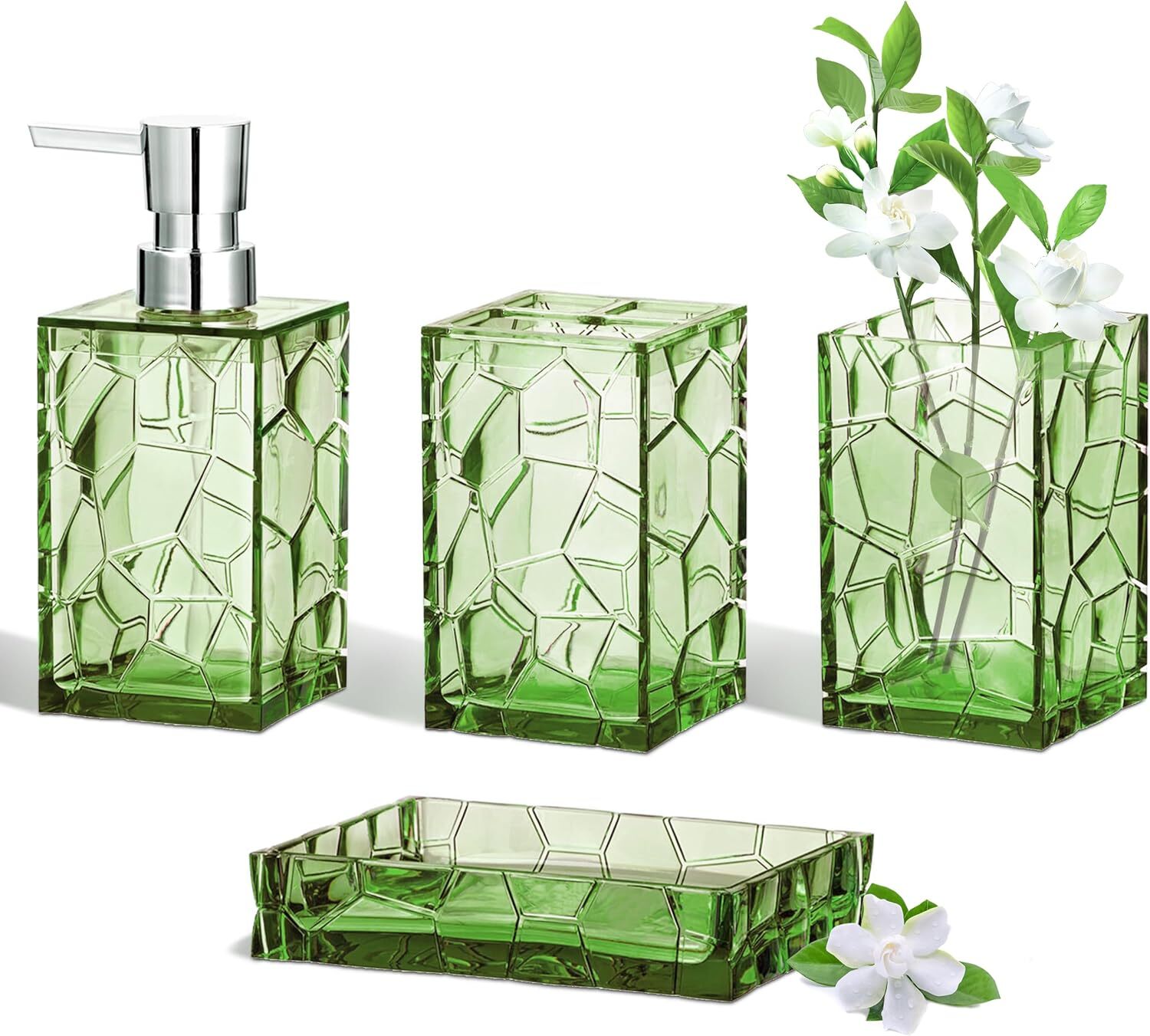 Bathroom Accessory Set, Sage Green Acrylic Bathroom Counter Set