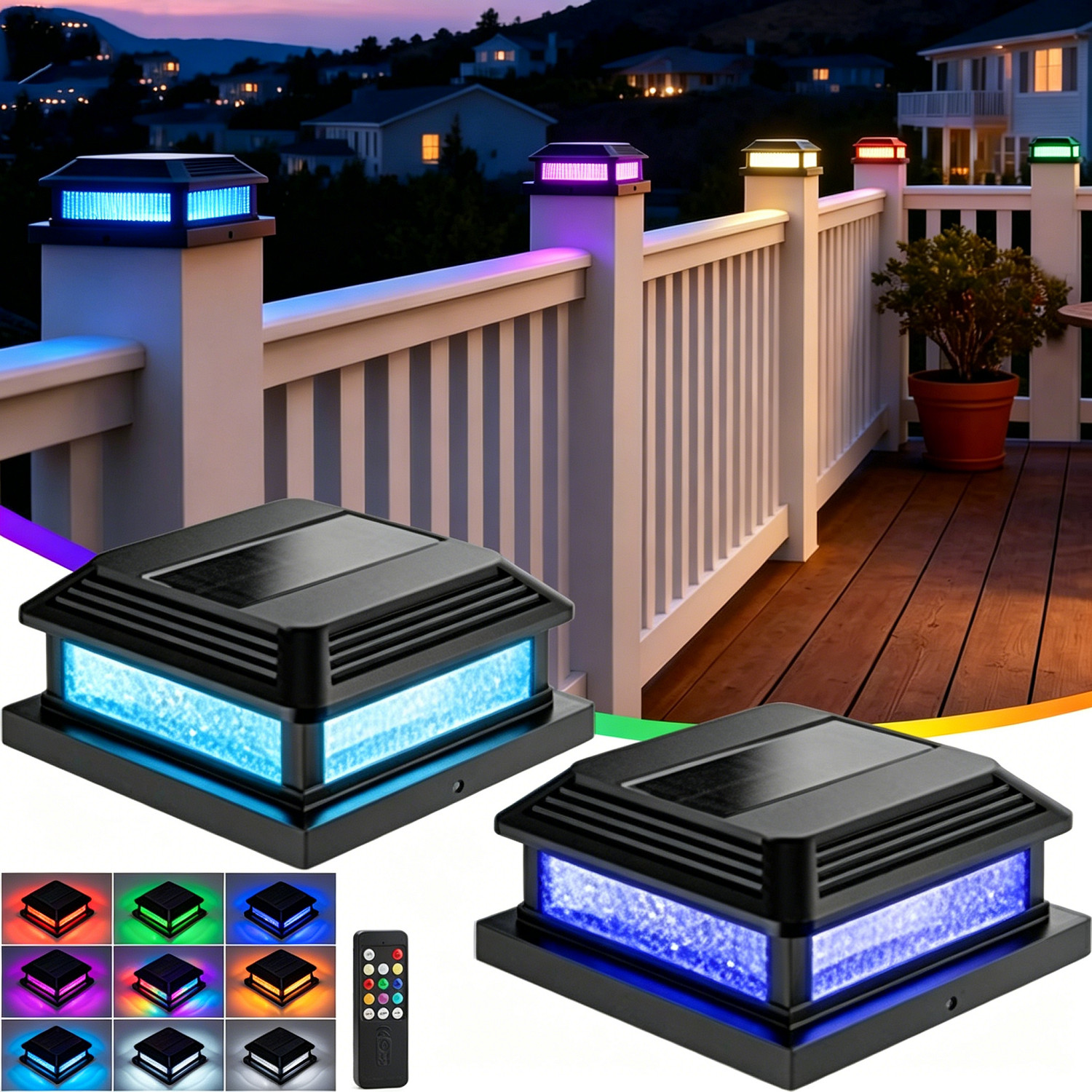 Solar Post Cap Lights Outdoor 9 Colors Garden Yard Fence Deck Waterproof Lamp
