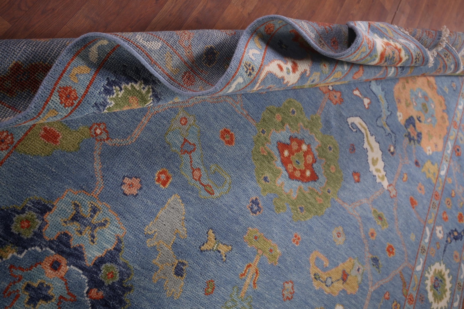 All-Over Pattern Blue Floral Oushak Oriental Rug 8×16 Handmade Wool Carpet
