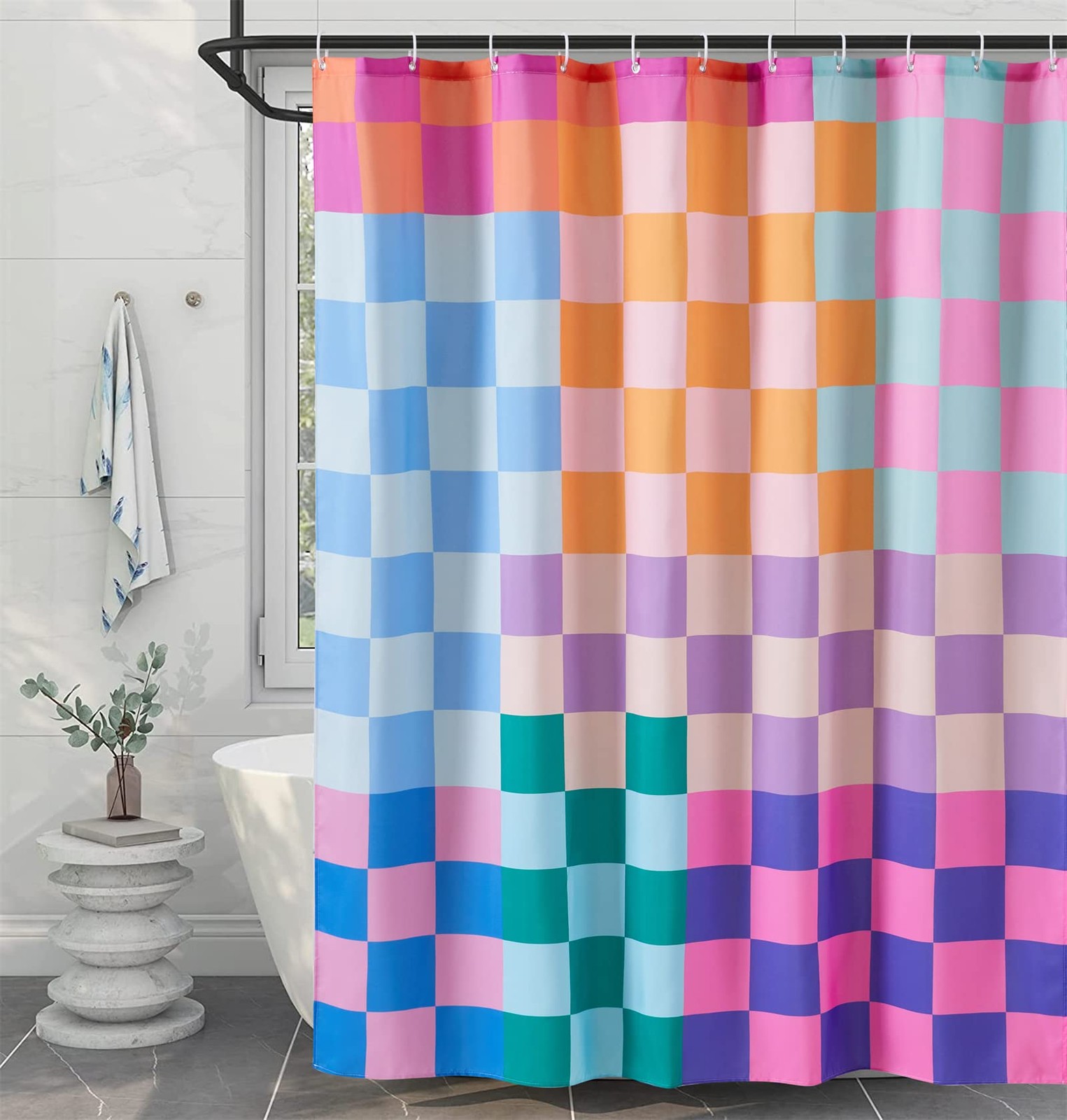 Multicolored Checkered Retro Fabric Shower Curtain Rainbow Hooks 84 Inch