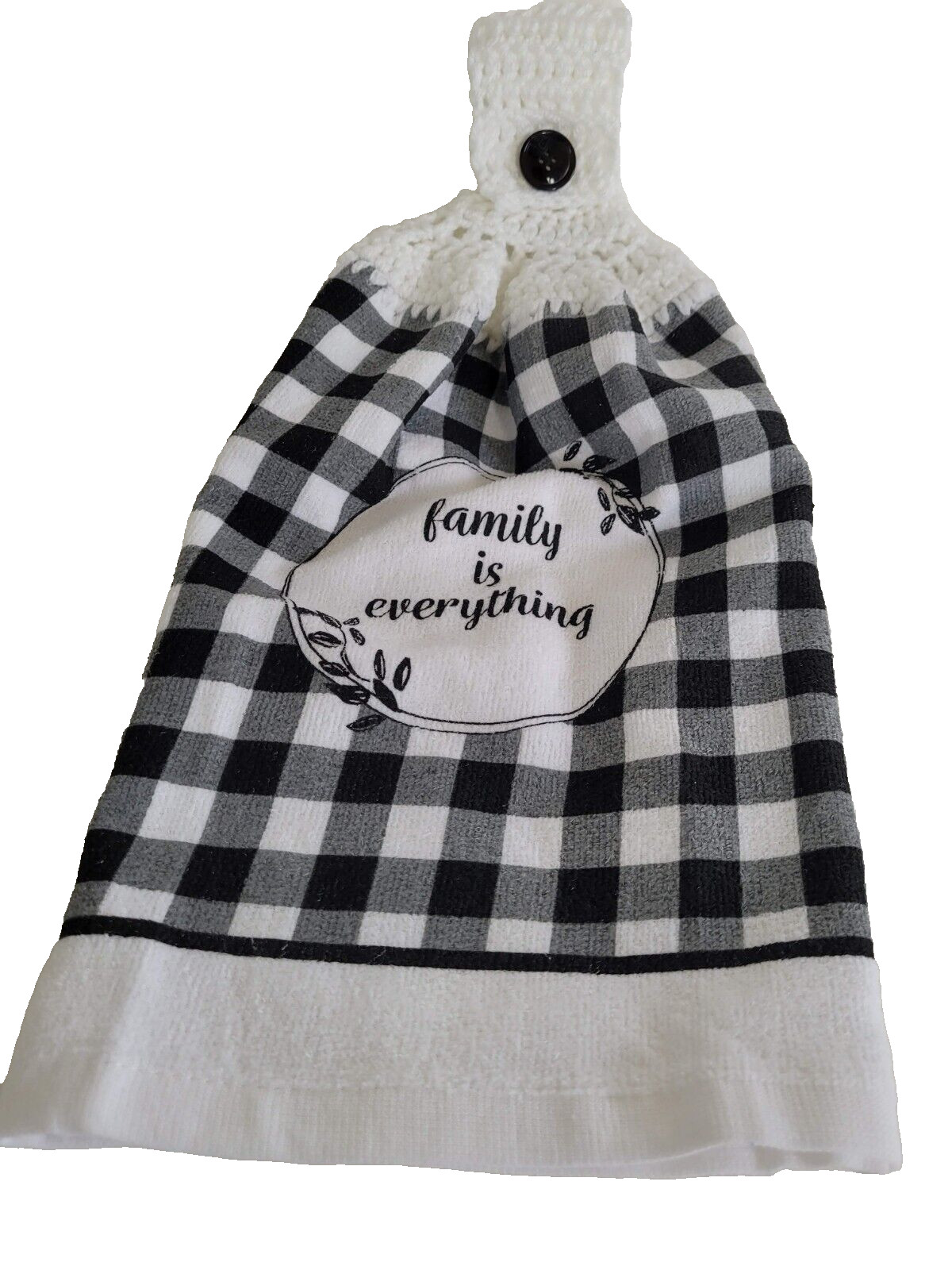 Black &White Kitchen Towel w/ Crochet Top Family is Everything Whole Uncut towel