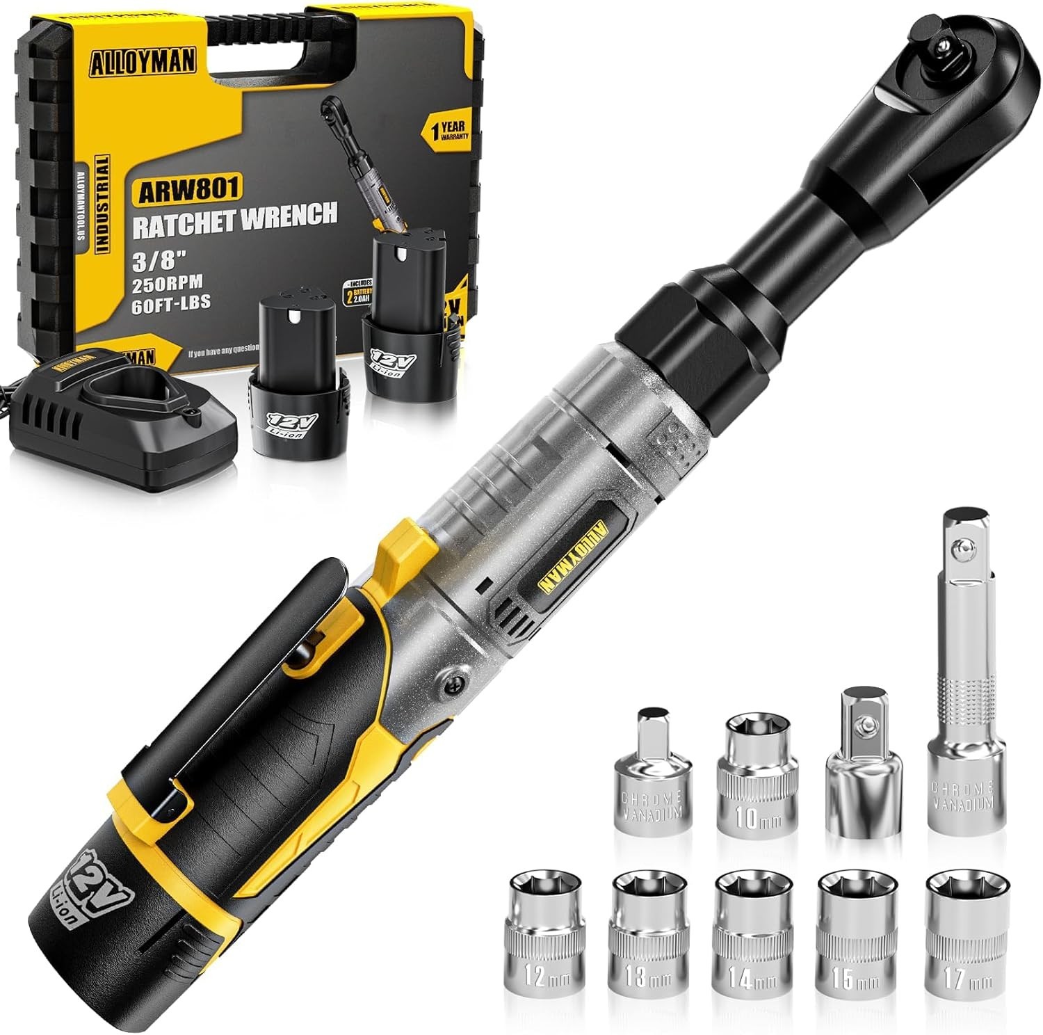 3/8″ Cordless Ratchet Wrench Set, 60FT-LBS(80N.m) Electric Ratchet, 12V Extended
