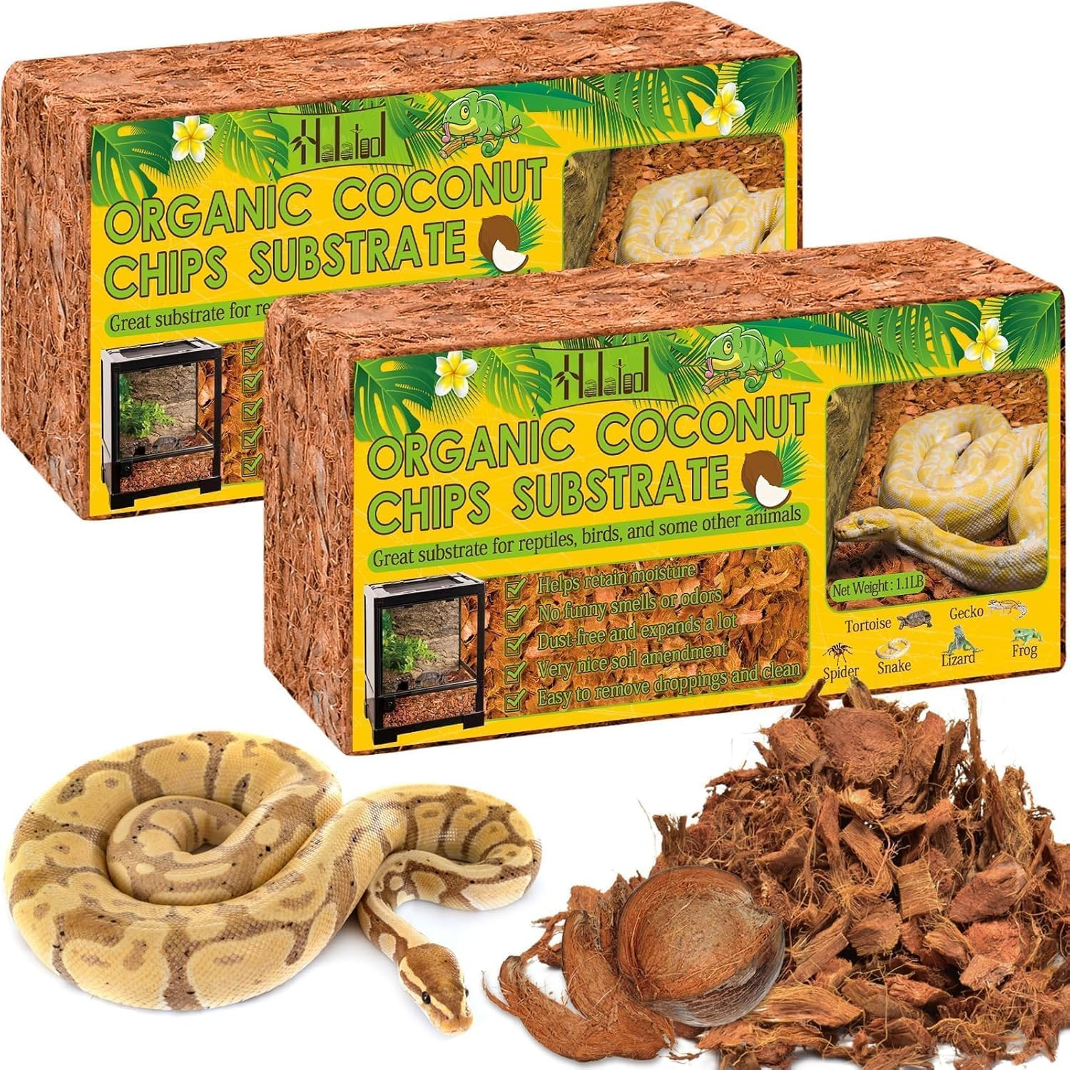 Coco Coir Reptile Substrate 2 Pack Coconut Husk Chips Snake Bedding Brick