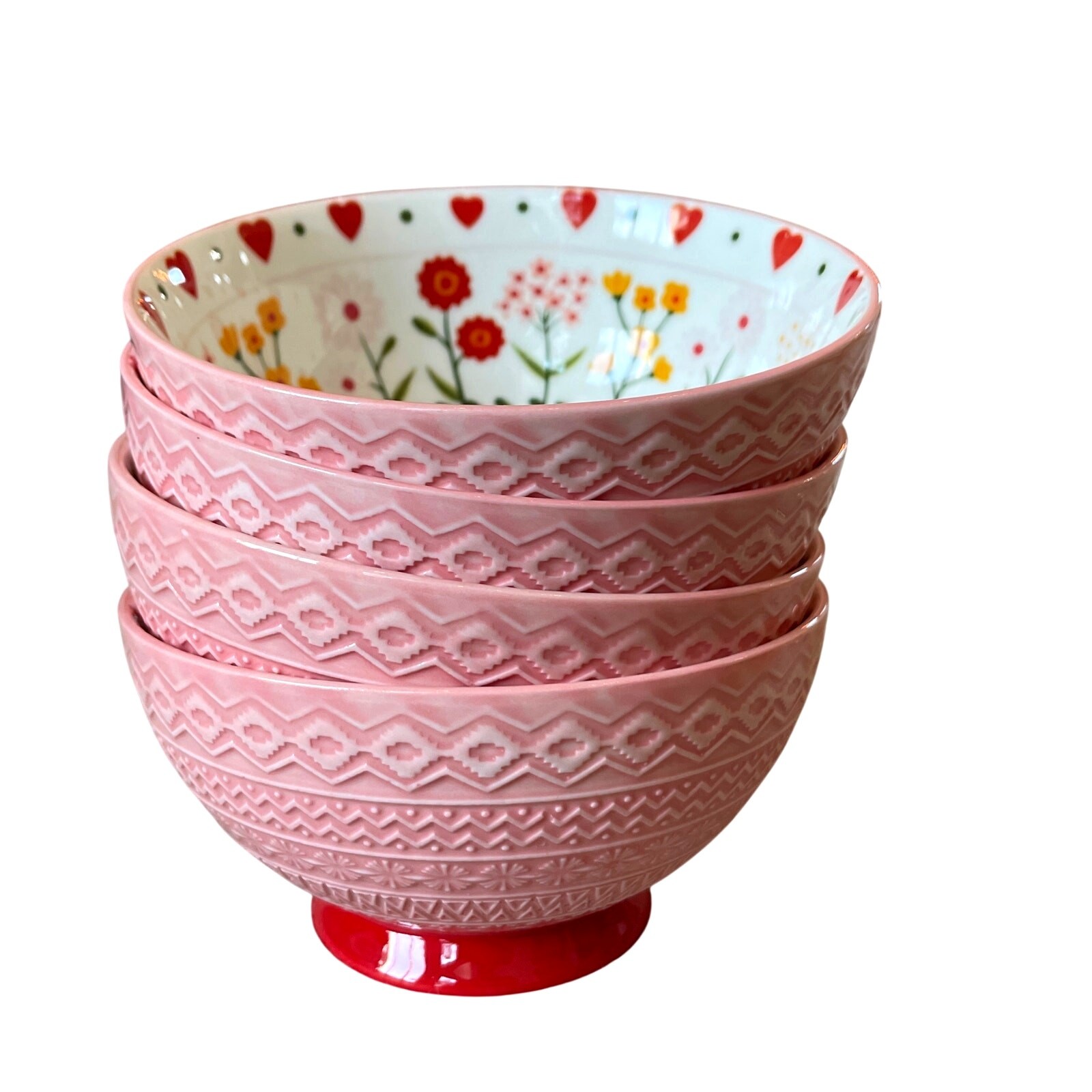 Potter’s Studio Valentine Heart Floral Embossed Bowls 5.25in Pink Set of 4 NEW