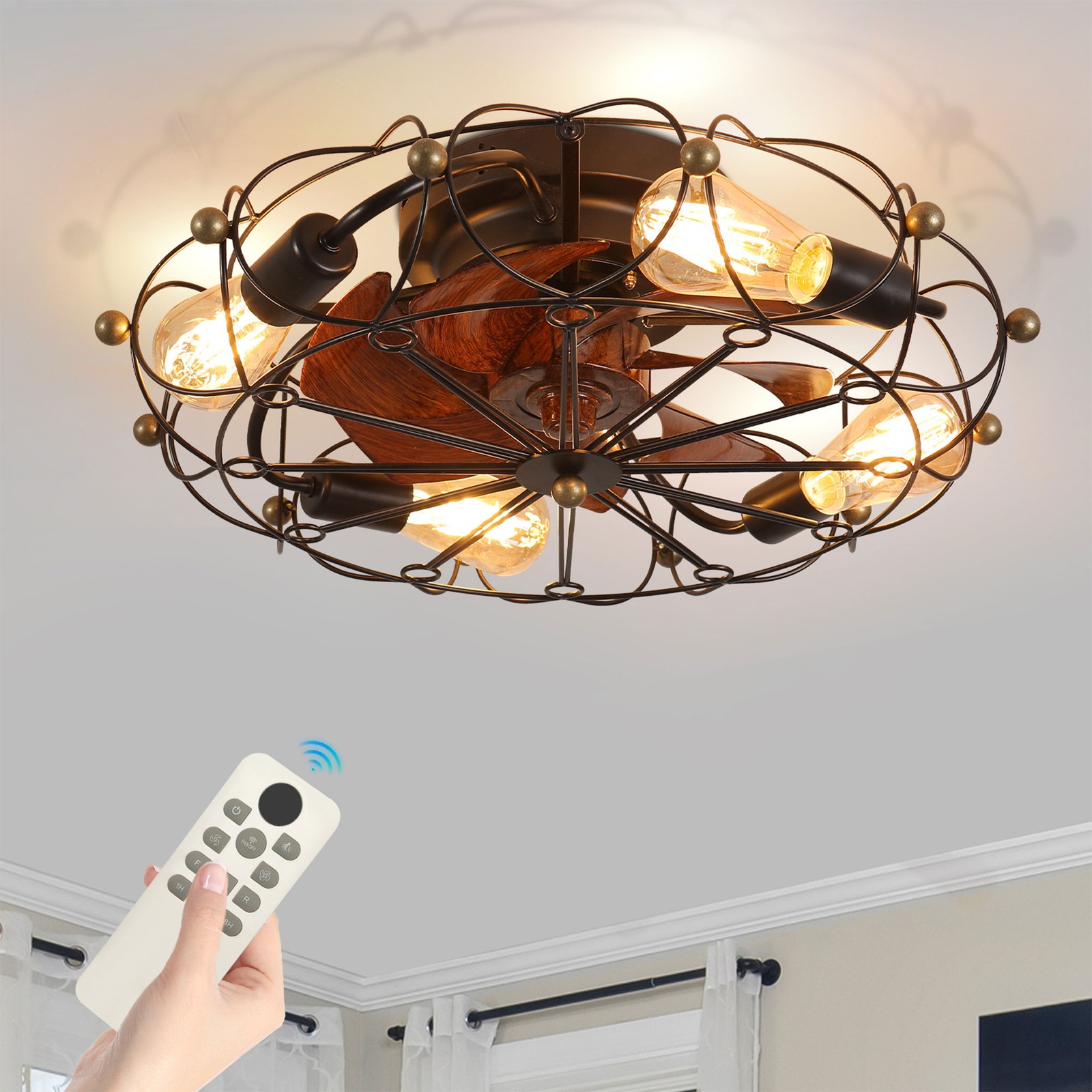 20″ Retro Caged Ceiling Fan Light Kit Farmhouse Hanging Lamp with Remote & Bulb