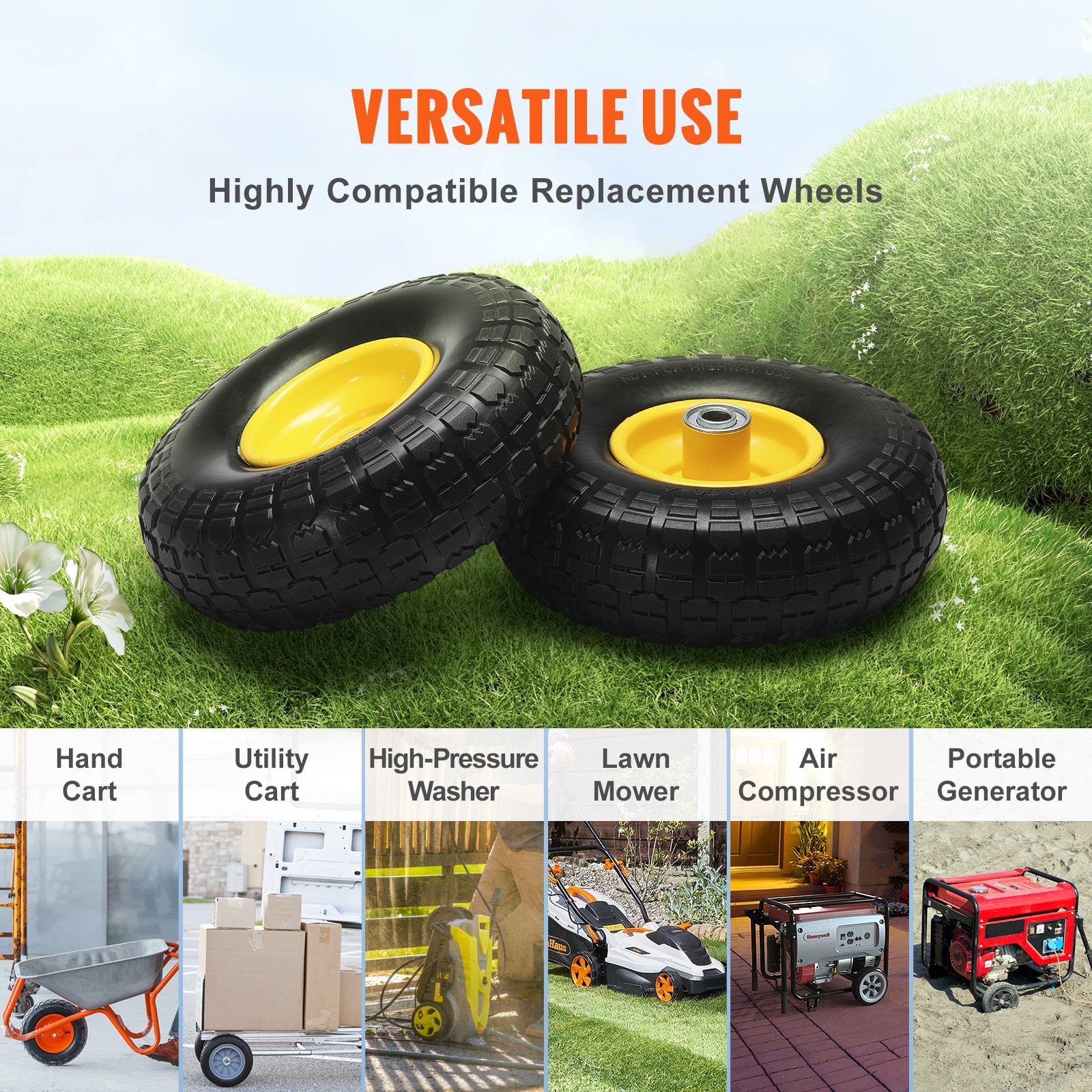 VEVOR Solid PU Run-Flat Tire Wheel Flat Free Tubeless Tire 10″ 2-Pack 400 lbs