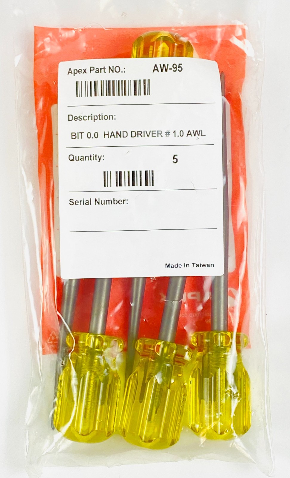 Apex AW-95 Bit Hand Driver AWL 0.0 1.0 Precision Repair Tool 5-Pack