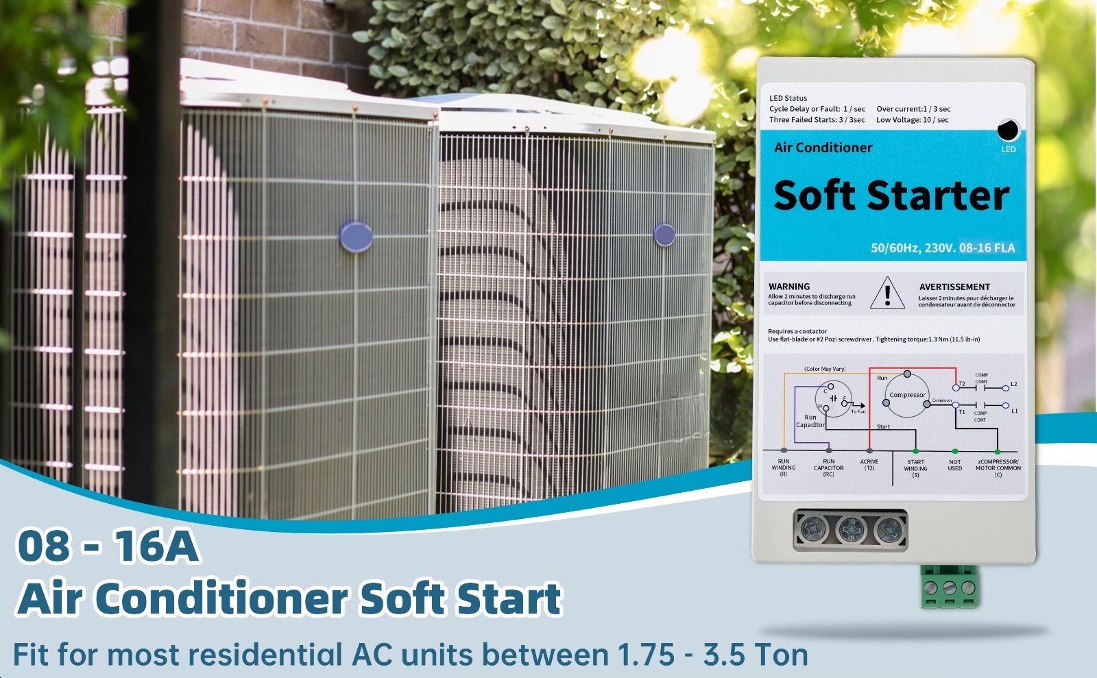 08-16A Air Conditioner Soft Start Kit for Home Use – Fits 1.75-3.5 Ton AC Units,