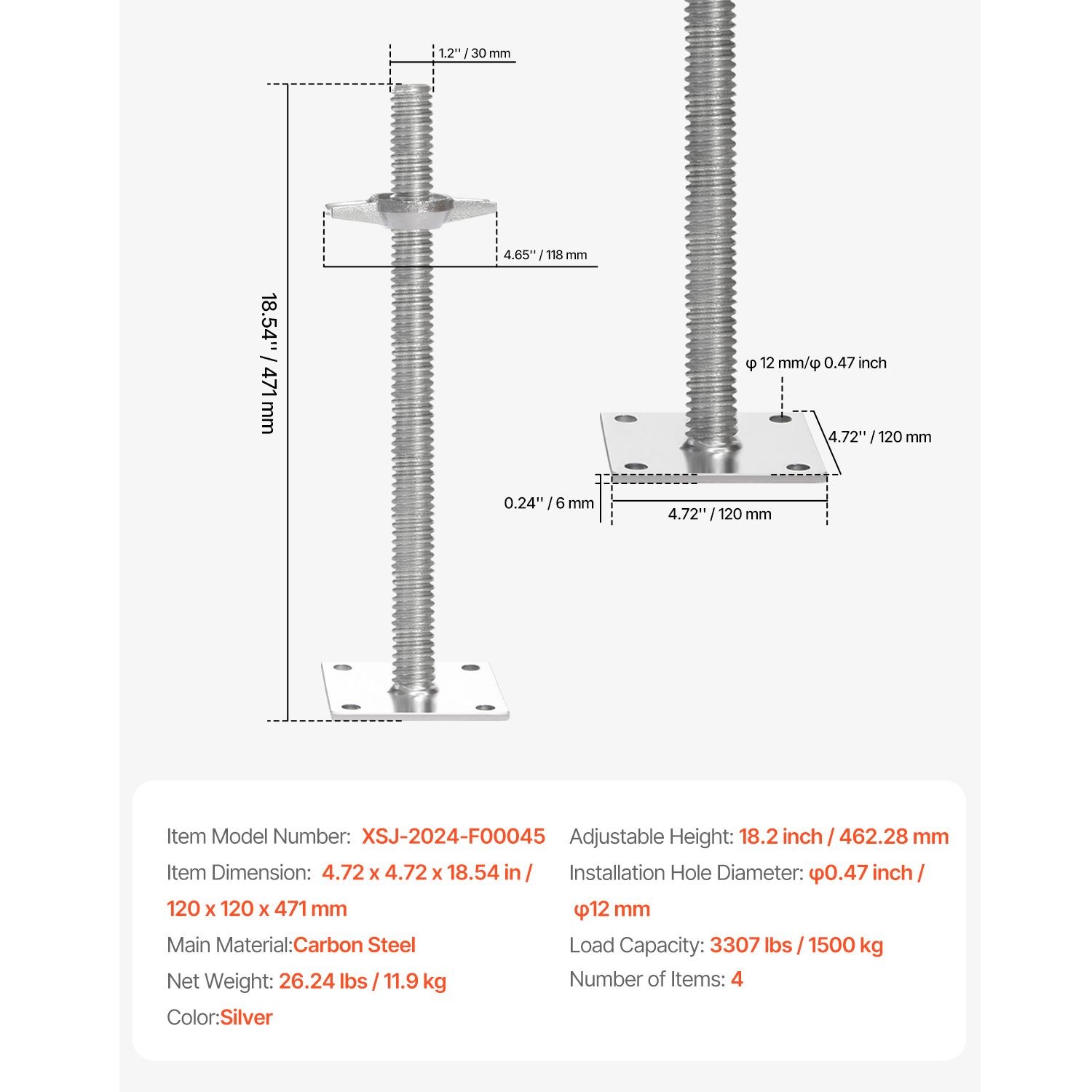 4-Pack Adjustable Steel Leveling Jacks 18.2in 3307lb
