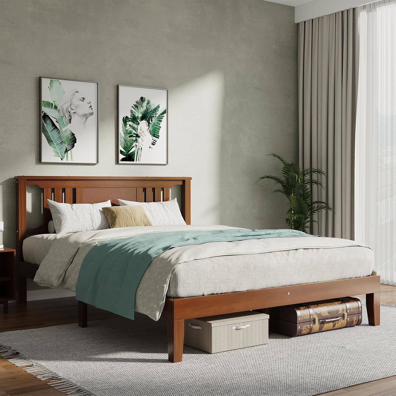 Solid Wood Bed Frame w/ Headboard,Heavy Duty Platform Bed Frame,Pine Wood,Queen
