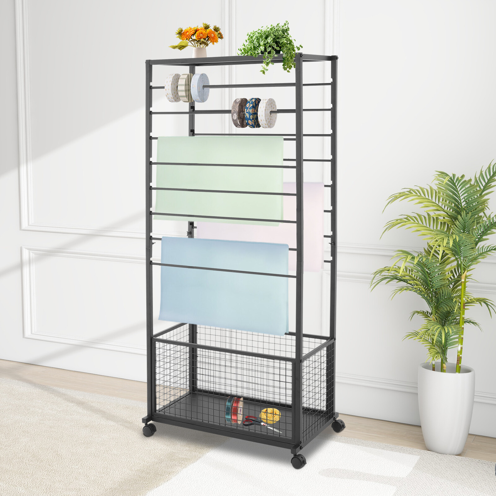 59.06in H Scarf Display Stand Ribbon 0rganizer Rack w/4*Lockable Universal Wheel