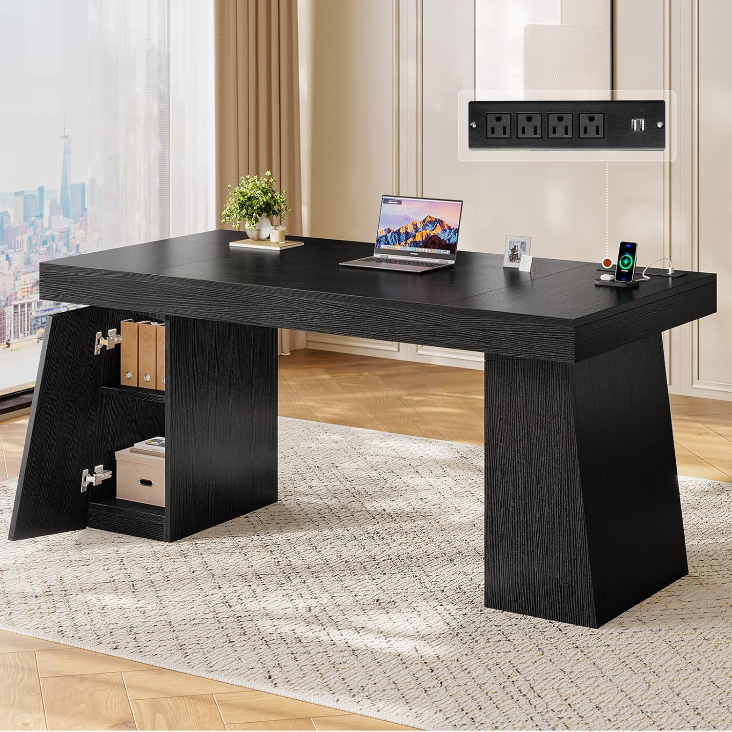 55.9 in Executive Desk with Power Outlets, Modern Home Office Desk with Storage