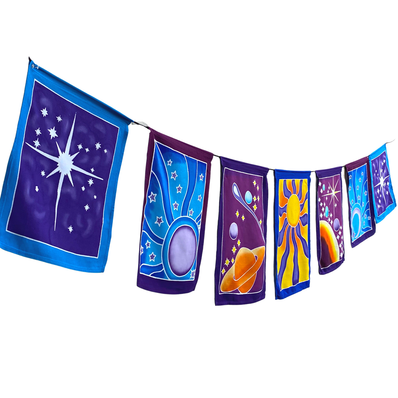 Celestial Sun Moon Star Planet Prayer Flag wall hanging String Bali Batik art