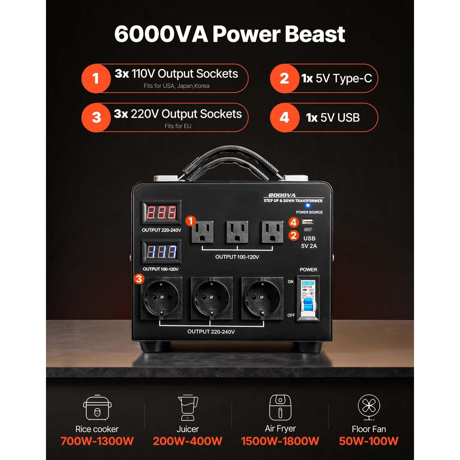 6000VA Automatic Step Up/Down Transformer Converter 110V-220V & 220V-110V