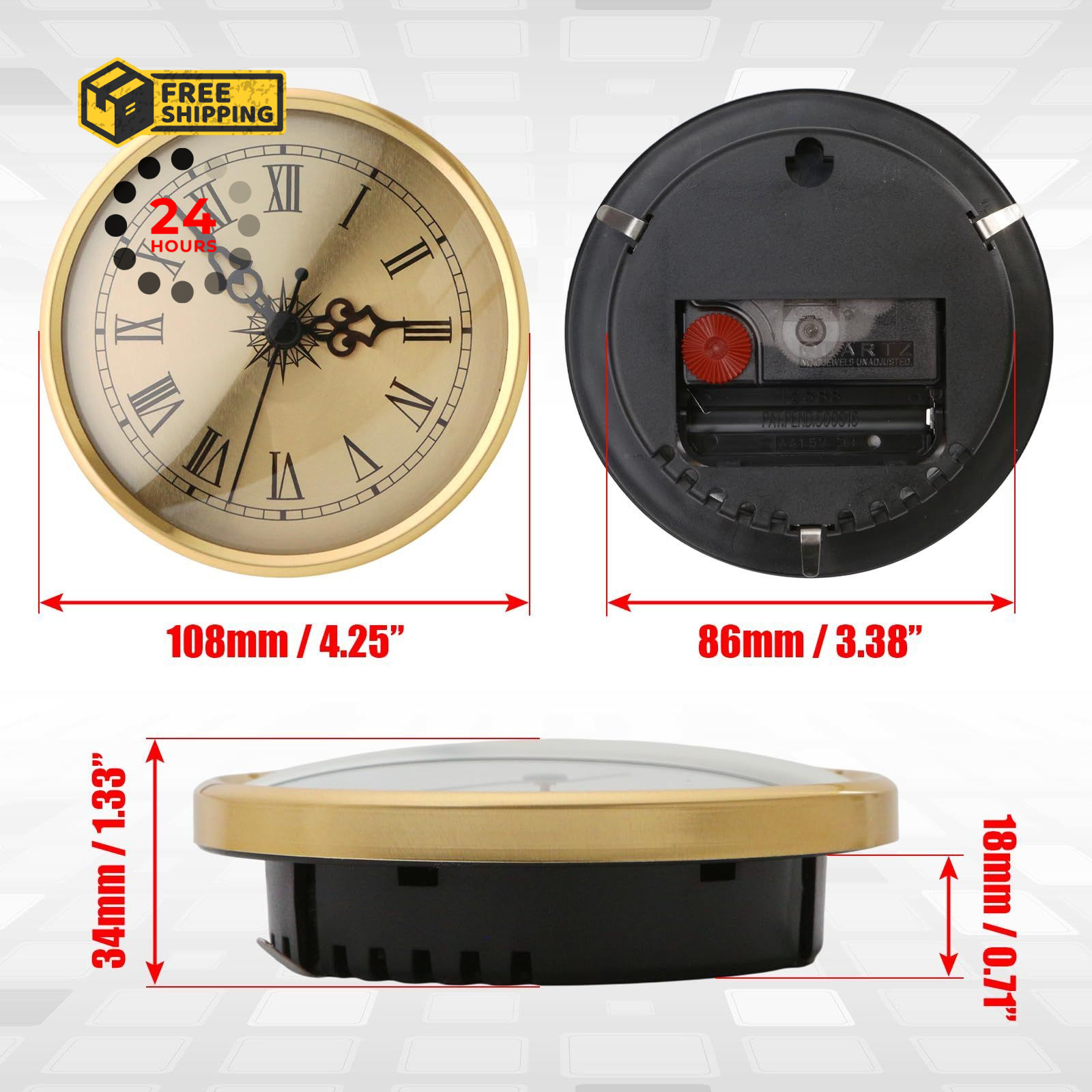 KH866 4.25 Inch Clock Insert (108mm) – Quartz Gold Trim Roman Large,
