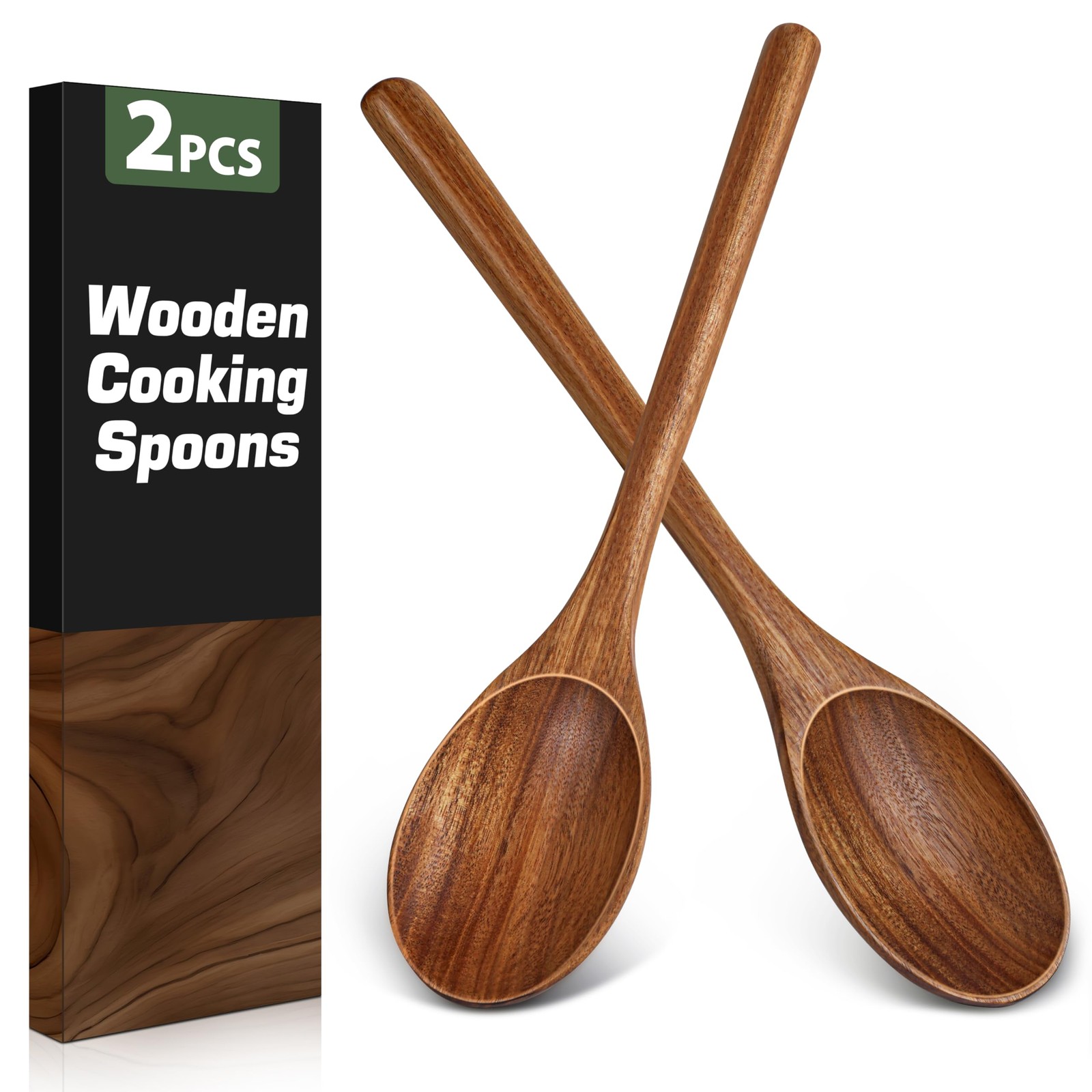 2PCS Wooden Spoons for Cooking, Natural Acacia Wood 11.81*2.36in, Brown