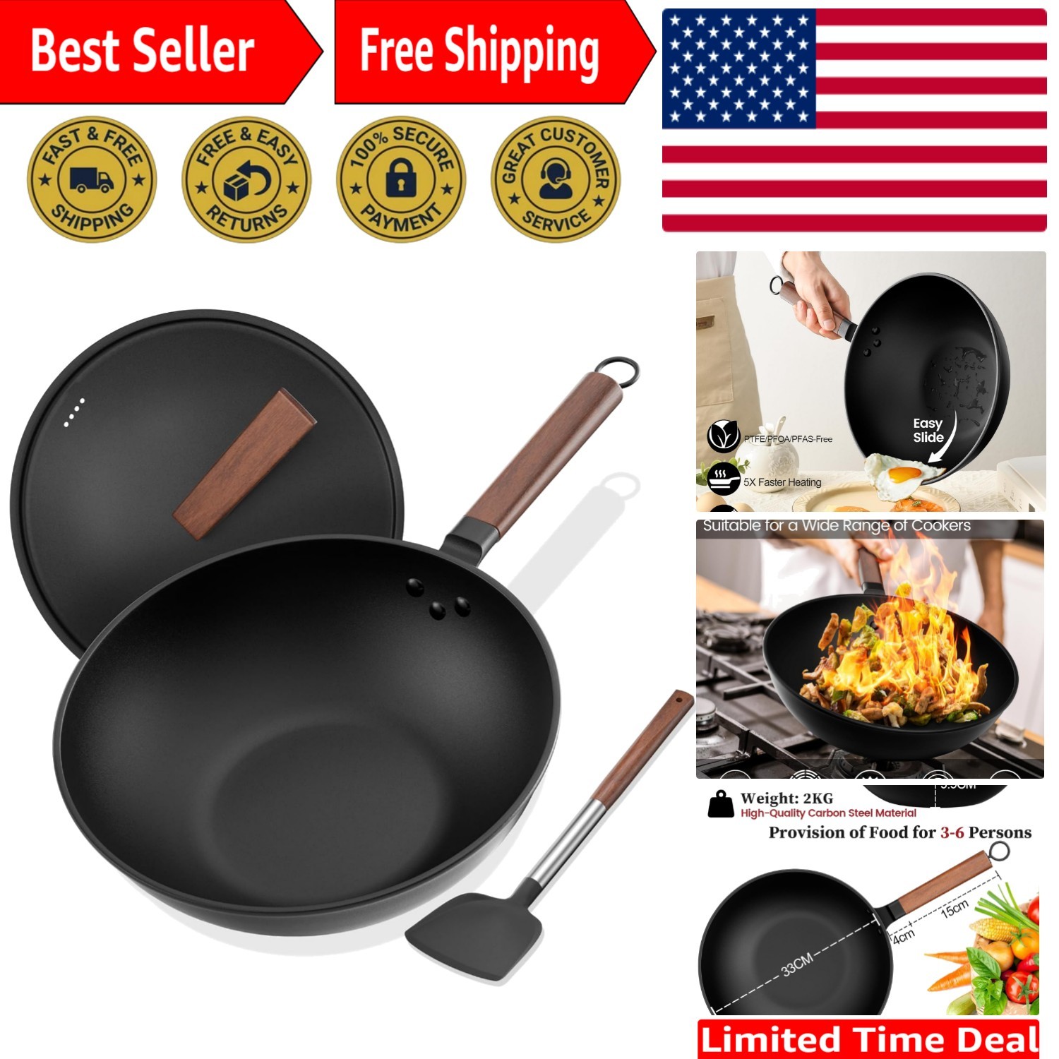 Versatile 13-Inch Carbon Steel Wok with Lid, Spatula & Natural Non-Stick Finish