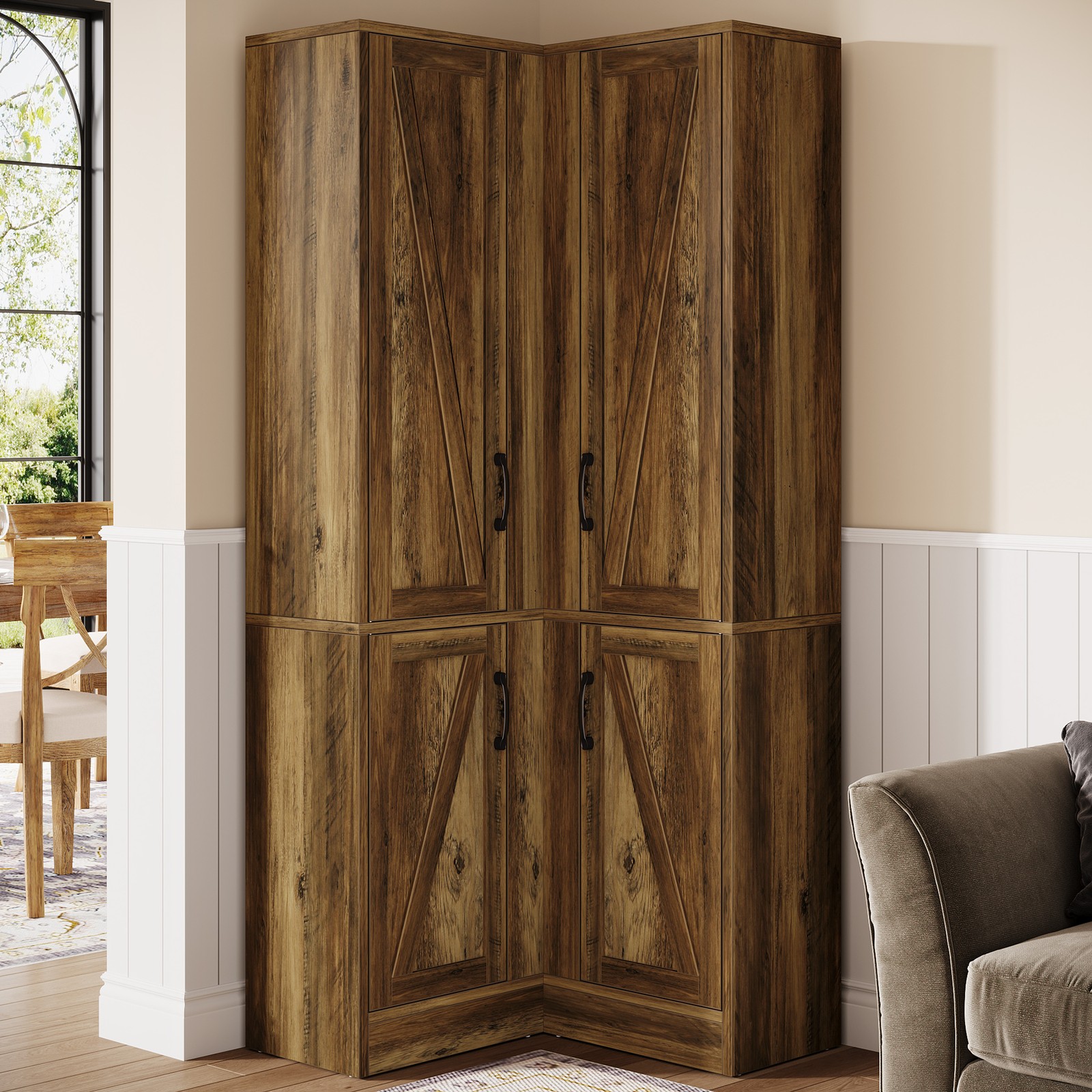 67″ Corner Pantry Cabinet Farmhouse Wooden Corner Cabinet with Storage Shelves