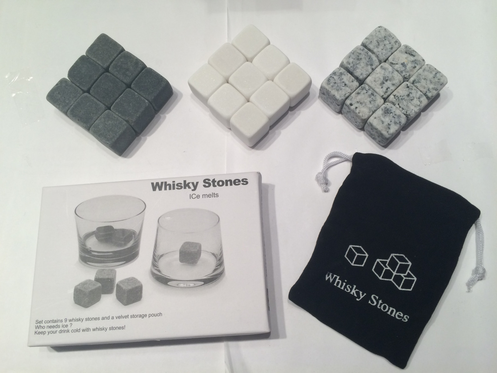 9 pc Gray White Whisky Stones Chilling Cooling Cold Wine Rocks Ice Cubes Pouch