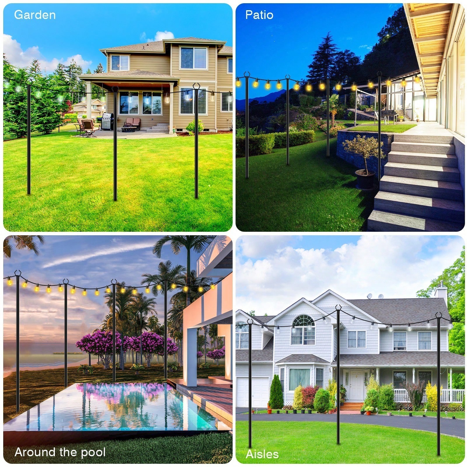 10ft 4 Pack Metal String Light Poles With 3 Prong Base For Outdoor Patio Decor
