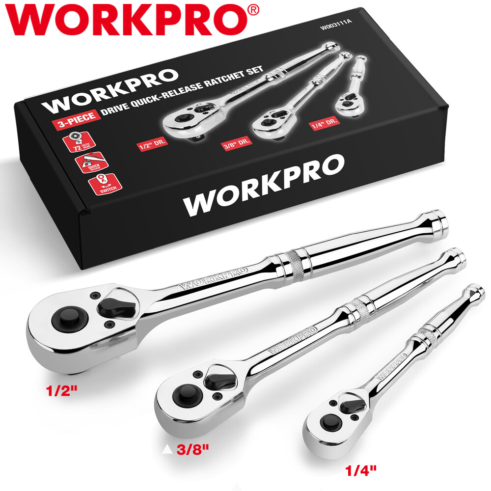 WORKPRO 3PCS Ratchet Set Quick Release 72-Tooth 1/4″ 3/8″ 1/2″ Dr Ratchet Handle