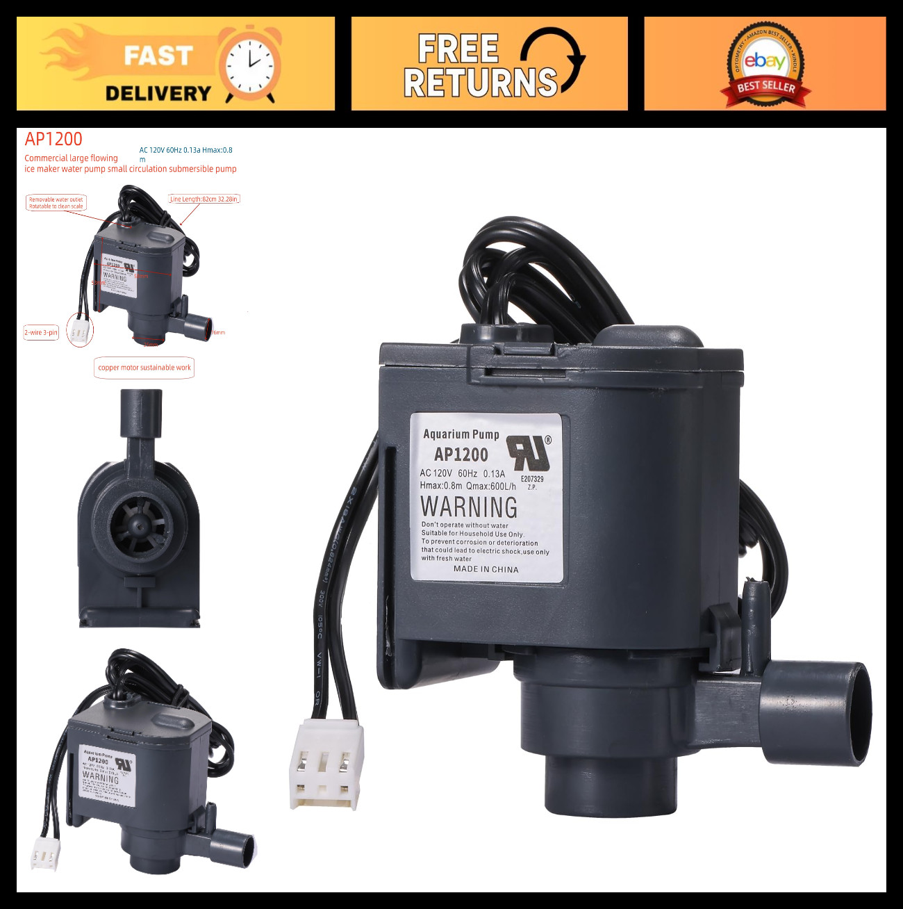 Commercial Submersible Water Pump for Ice Makers, 120V, 60Hz, 0.13A, 0.8m Lift