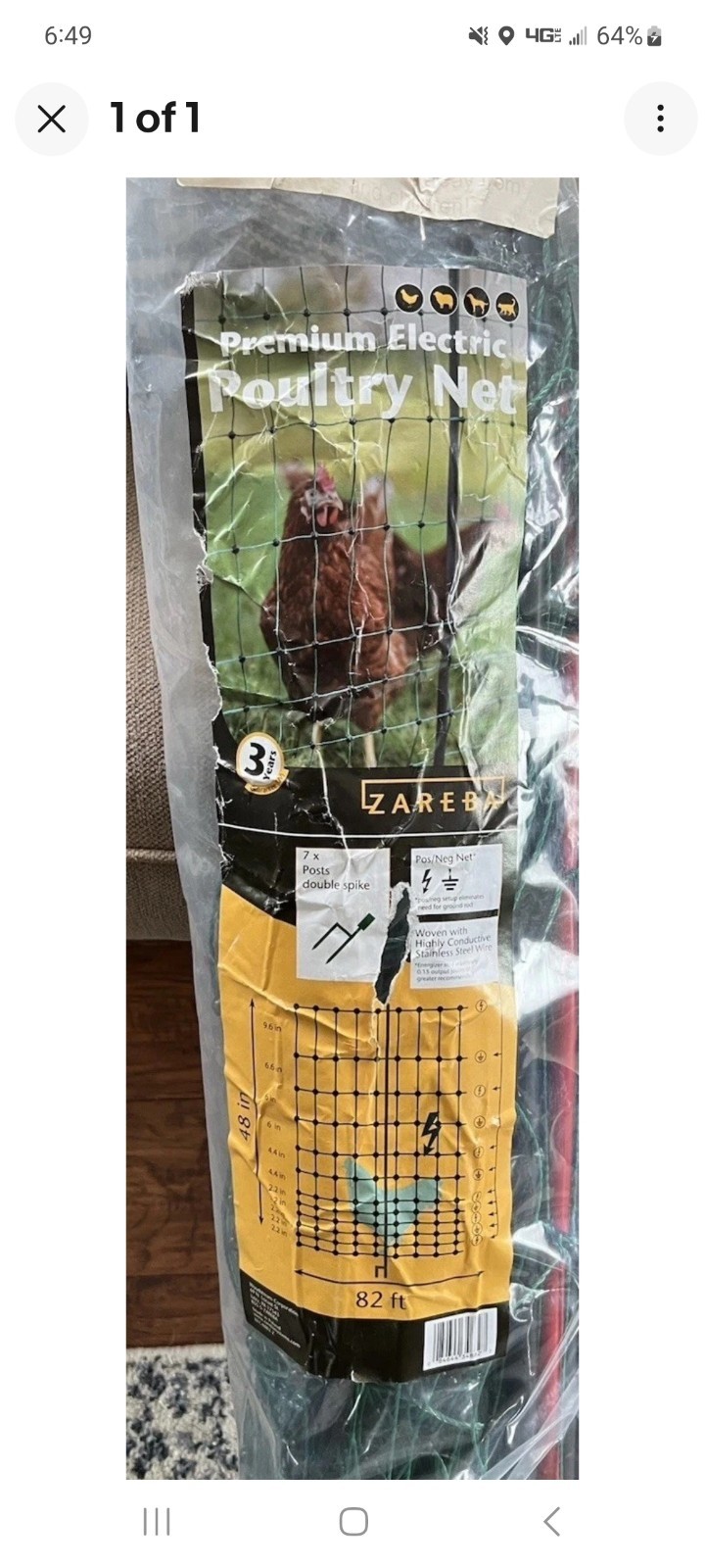 Zareba KFC4882-Z Electric Poultry Netting -48”H x 82 ftL Electric FENCE