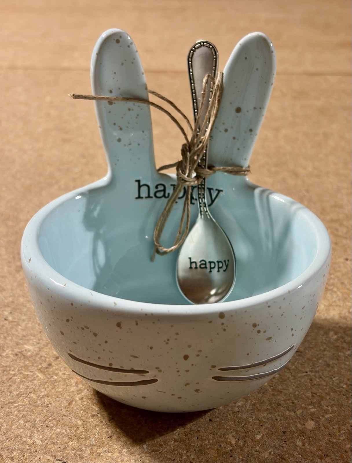 Mud Pie Easter Bunny Dip Bowl Speckled Blue Ceramic Cup Stamped Happy Spoon