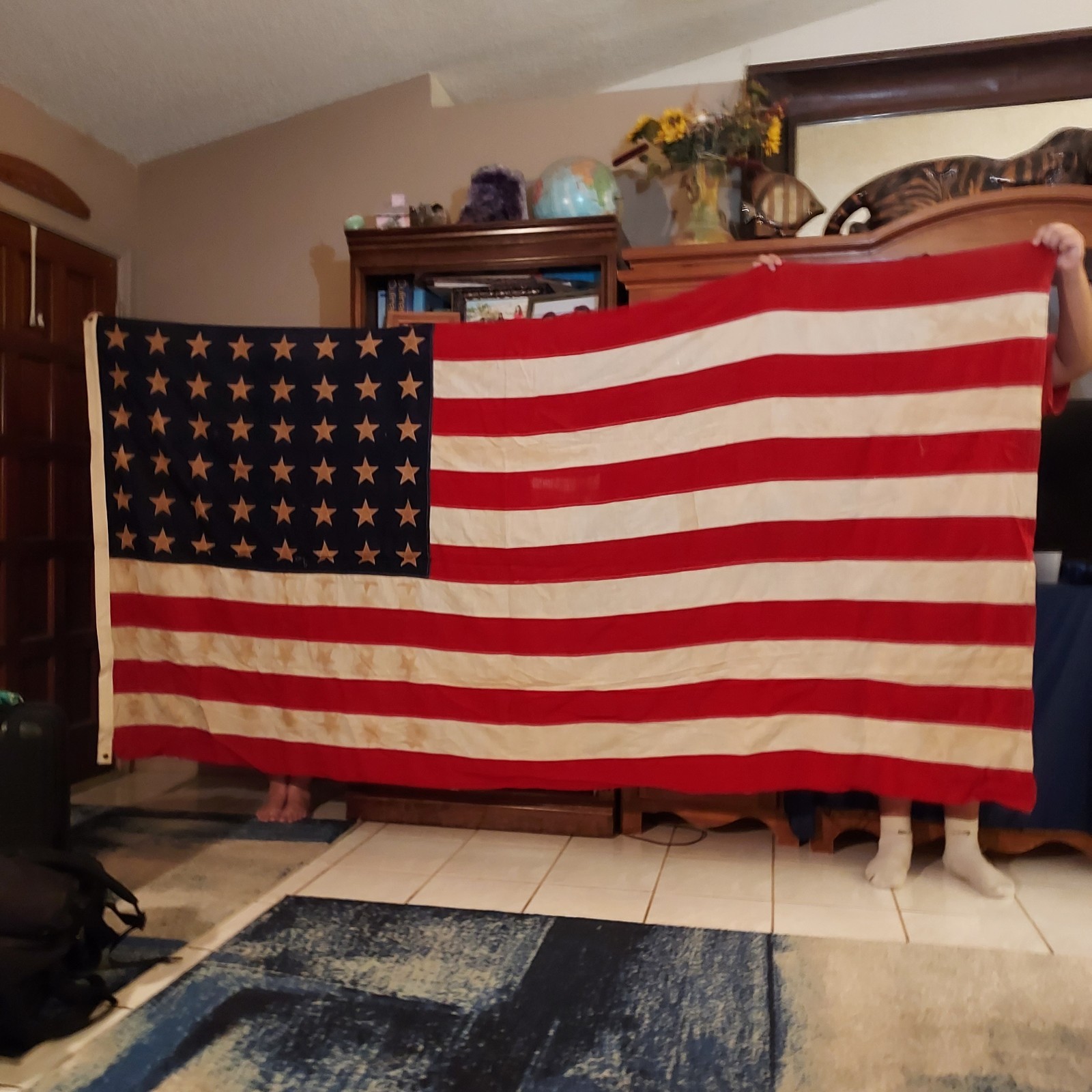 LARGE VINTAGE COTTON 48 STAR AMERICAN FLAG OLD GLORY 10x 5 Sewn Stars &Stripes