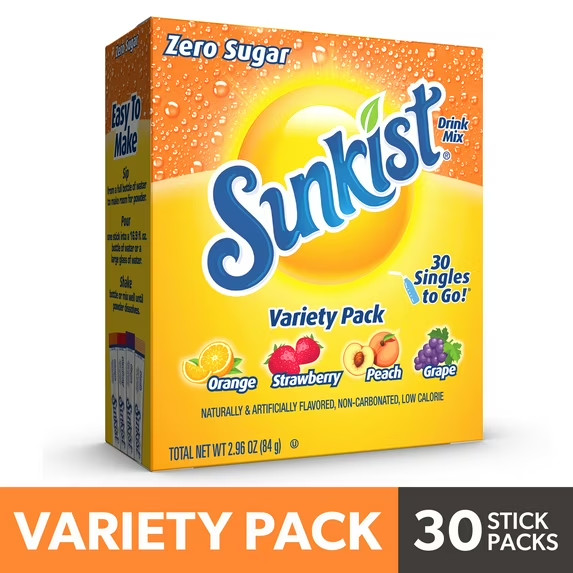 Sunkist Zero Sugar Variety Pack Singles-to-Go Powdered Drink Mix, 30 Count Packe