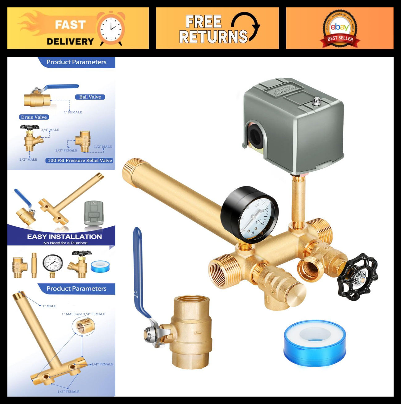 Well Pressure Tank Tee Kit 1″x11″ – 40-60 PSI Switch, Ball Valve, 100 PSI Gauge,