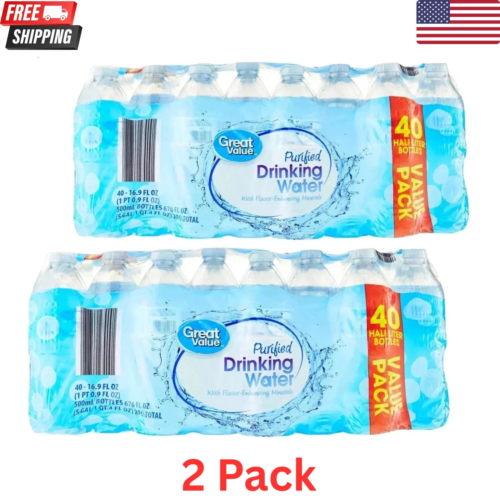 NEW (2 pack) 16.9 Fl. Oz., Great Value Purified Drinking Water, 40 Count